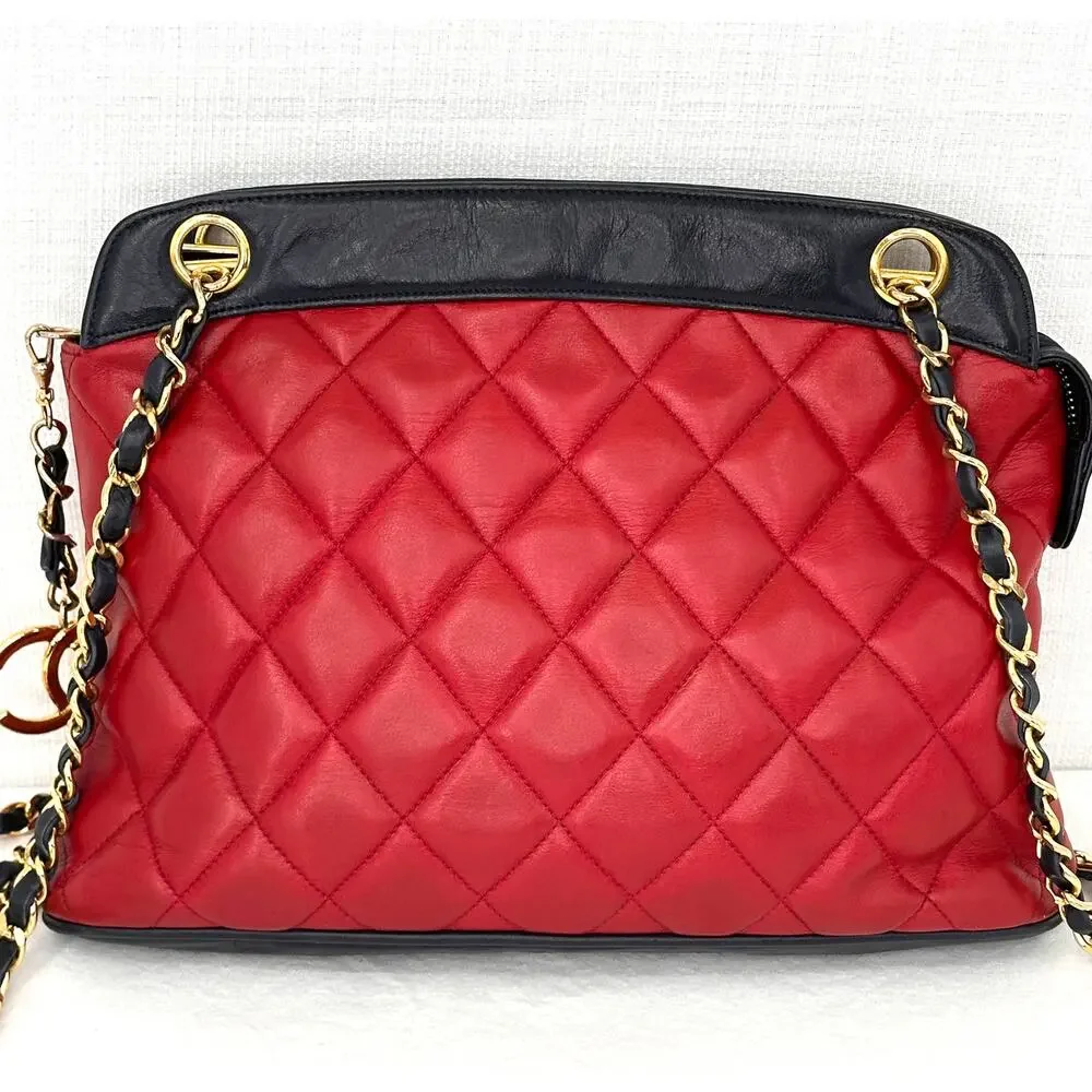 Vintage Chanel Bicolor Red Navy Quilted Lambskin Shoulder Bag Gold CC Charm